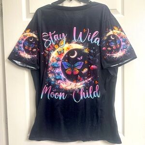 Groovy Hippie 2XL, black top w/ screened print. Colorful print, casual top